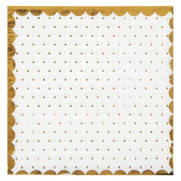 SERVIETTE COCKTAIL BLANCHE POINTS ET LISERE OR 25CM (x20)