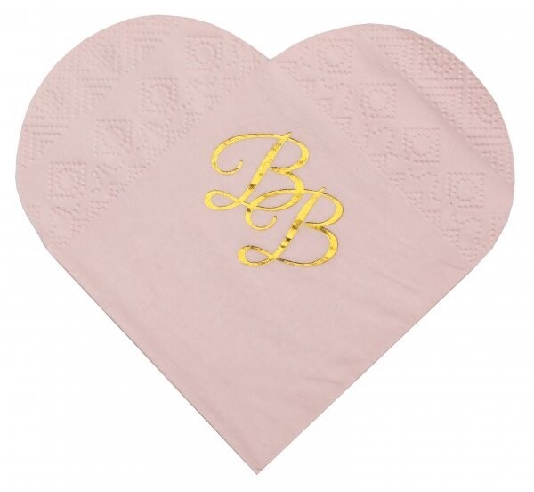 SERVIETTE FORME COEUR ROSE "BB" OR 12.45CM (x20)
