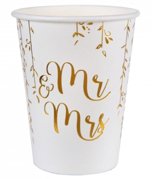 GOBELET BLANC "MR & MRS" + FEUILLAGE OR 27CL (x10)