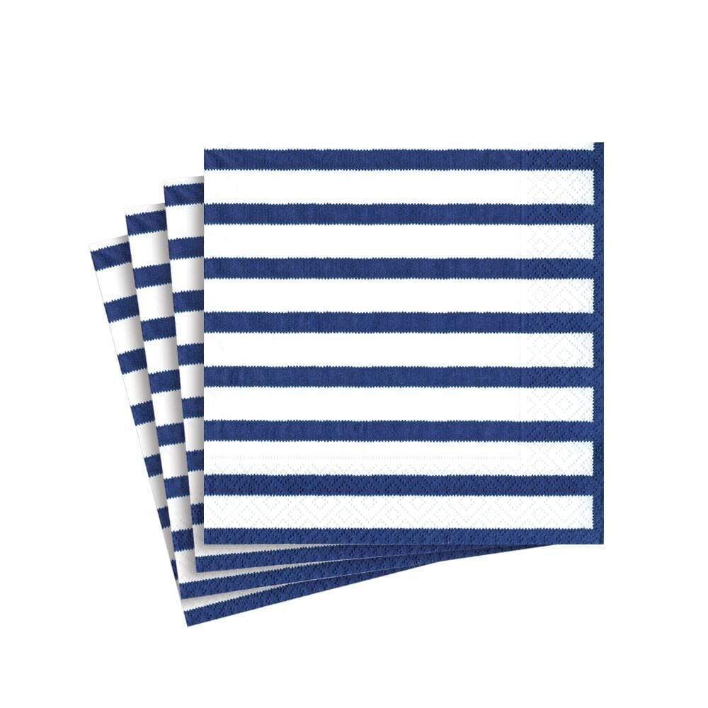 SERVIETTE COCKTAIL BLANCHE RAYURES BLEU MARINE 25CM (x20)