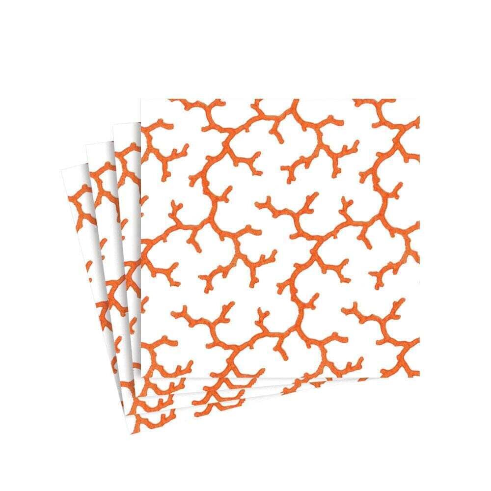 SERVIETTE COCKTAIL BLANCHE MOTIF CORAIL 25CM (x20)
