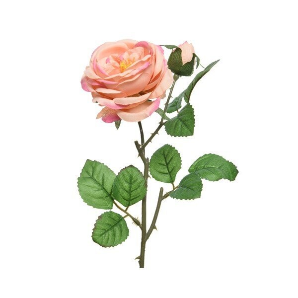 ROSE PECHE ET FEUILLAGE SUR TIGE 42CM