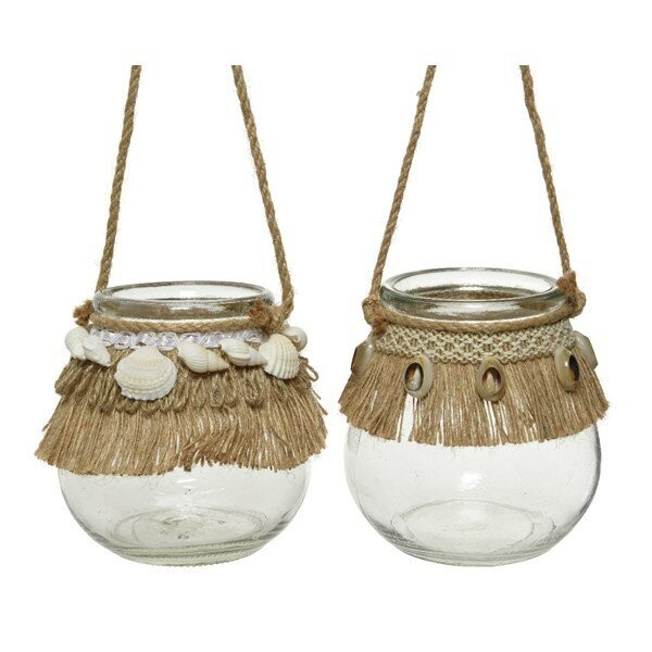 PHOTOPHORE ROND A SUSPENDRE DECOR JUTE ET COQUILLAGES 10CM