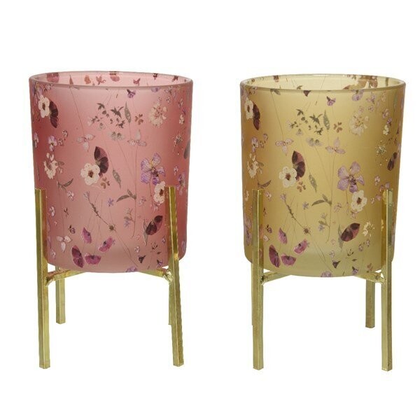 PHOTOPHORE VERRE IMPRIME FLEURS ROSE OU PECHE SUR PIED METAL OR 8X14CM
