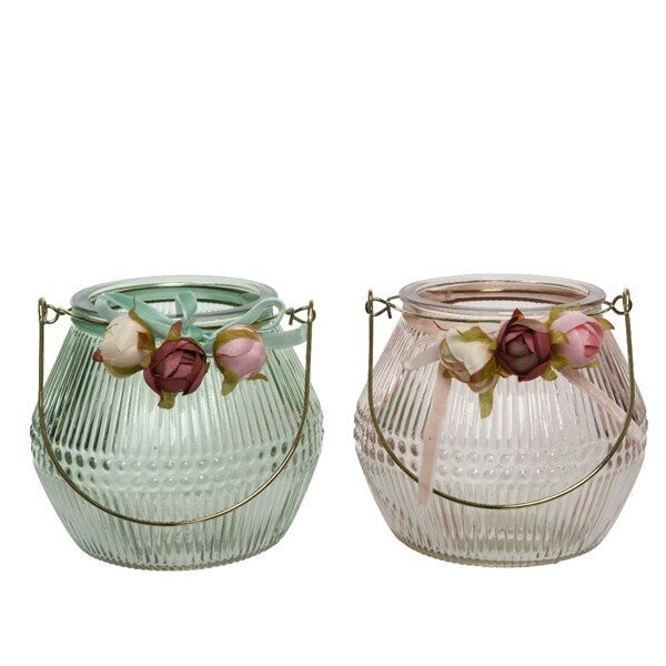 PHOTOPHORE VERRE ANSE METAL AVEC DECORATION FLORALE 12x12CM
