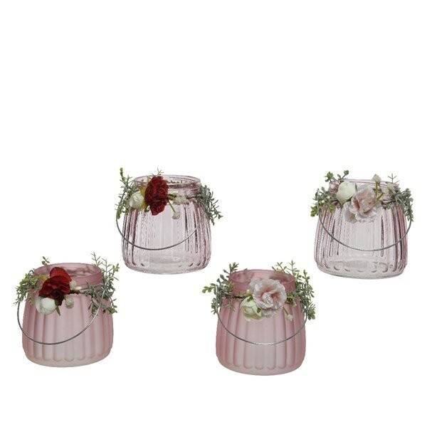 PHOTOPHORE VERRE AVEC DECORATION FLORALE 10x10CM 4 MODELES AU CHOIX