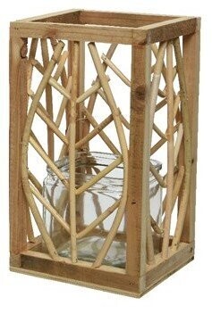 LANTERNE BOIS ET ROTIN MOTIF FEUILLE 17x30CM