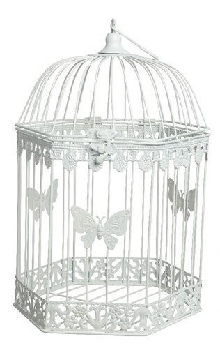 CAGE A OISEAUX AVEC PAPILLONS FER BLANC 26x23x48CM