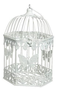 CAGE A OISEAUX AVEC PAPILLONS FER BLANC 21x18x41CM