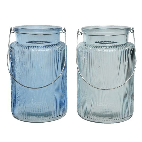 VASE / PHOTOPHORE LANTERNE VERRE RAYEE AVEC ANSE FER 14x22CM