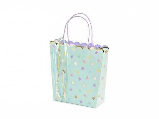 SAC CADEAU MENTHE ETOILES BLANCHES ET OR 22x23x8CM