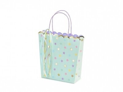 SAC CADEAU MENTHE ETOILES BLANCHES ET OR 22x23x8CM