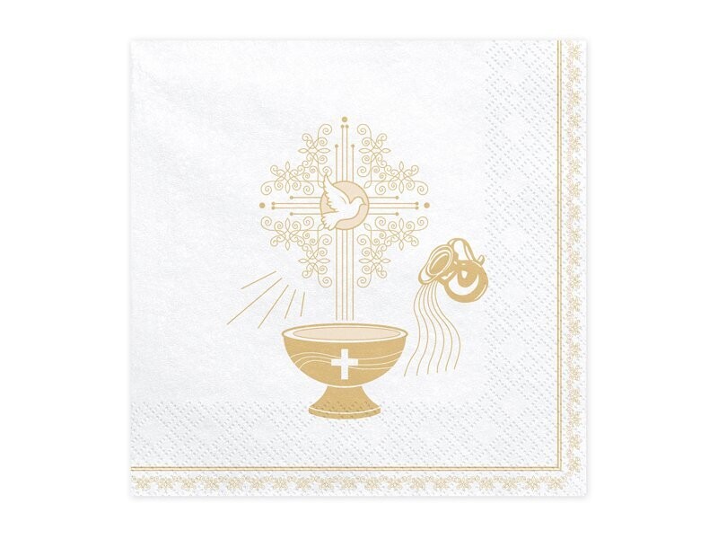 SERVIETTE CEREMONIE CALICE ET COLOMBE BLANCHE ET OR 33CM (x20)