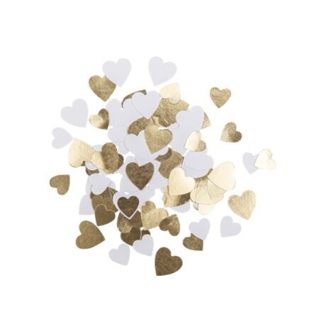 CONFETTIS PETITS COEURS PAPIER TEXTURÉ BLANC ET OR DE 1,5 A 2CM (x100)