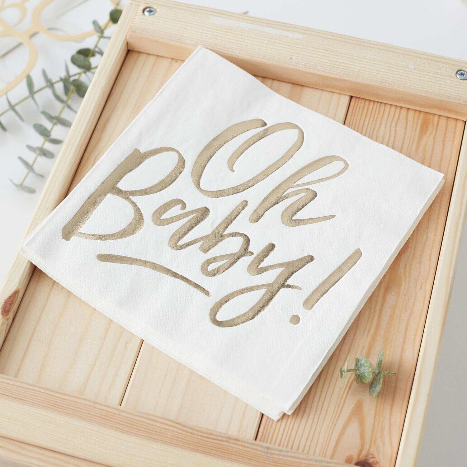 SERVIETTE BLANCHE "OH BABY" OR 33CM (x16)