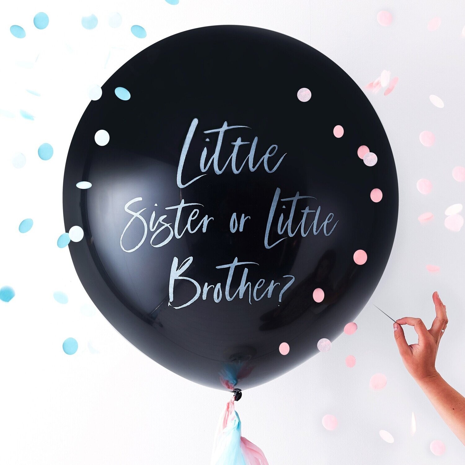 BALLON GENDER REVEAL "LITTLE BROTHER OR SISTER" 90CM AVEC CONFETTIS ROSE ET BLEU