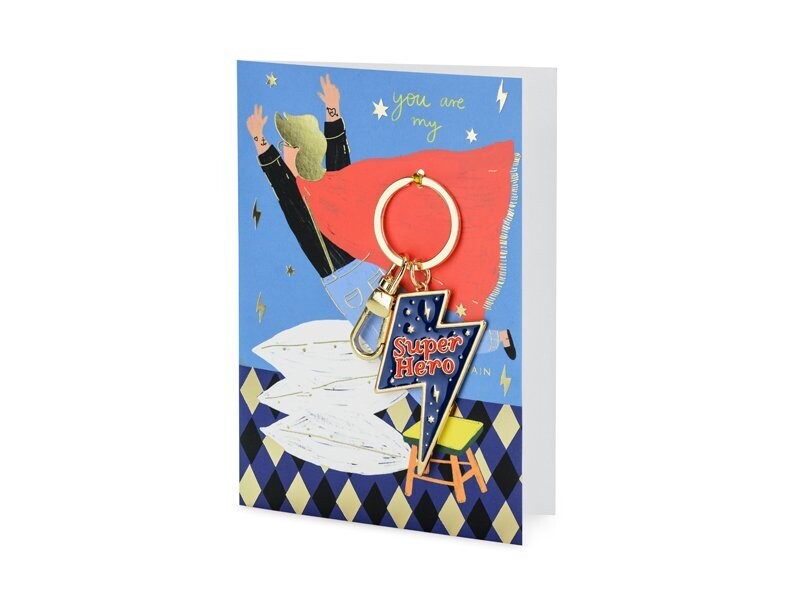 CARTE AVEC PORTE CLE "SUPER HERO" + ENVELOPPE 12x16CM