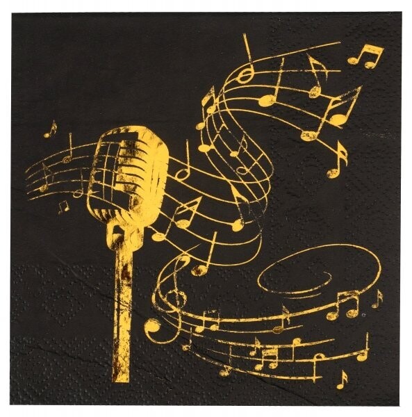 SERVIETTE COCKTAIL NOIR MICRO ET NOTES DE MUSIQUES OR 25CM (x20)
