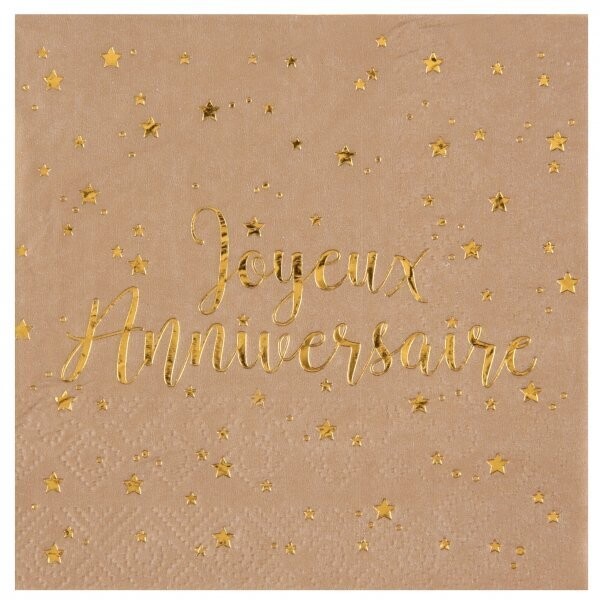 SERVIETTE COCKTAIL KRAFT "JOYEUX ANNIVERSAIRE" OR 25CM (x20)