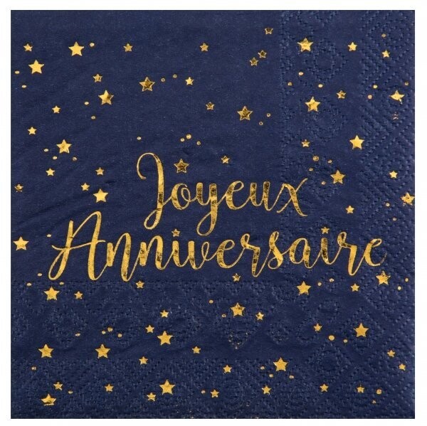 SERVIETTE COCKTAIL BLEU MARINE "JOYEUX ANNIVERSAIRE" OR 25CM (x20)