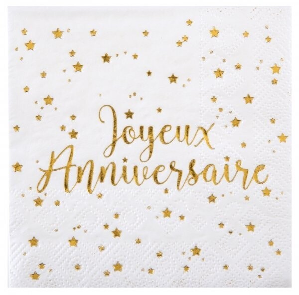 SERVIETTE COCKTAIL BLANCHE "JOYEUX ANNIVERSAIRE" OR 25CM (x20)