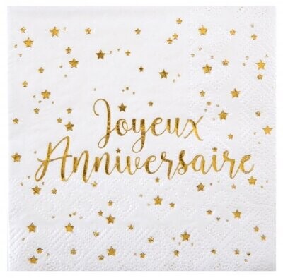 SERVIETTE COCKTAIL BLANCHE "JOYEUX ANNIVERSAIRE" OR 25CM (x20)