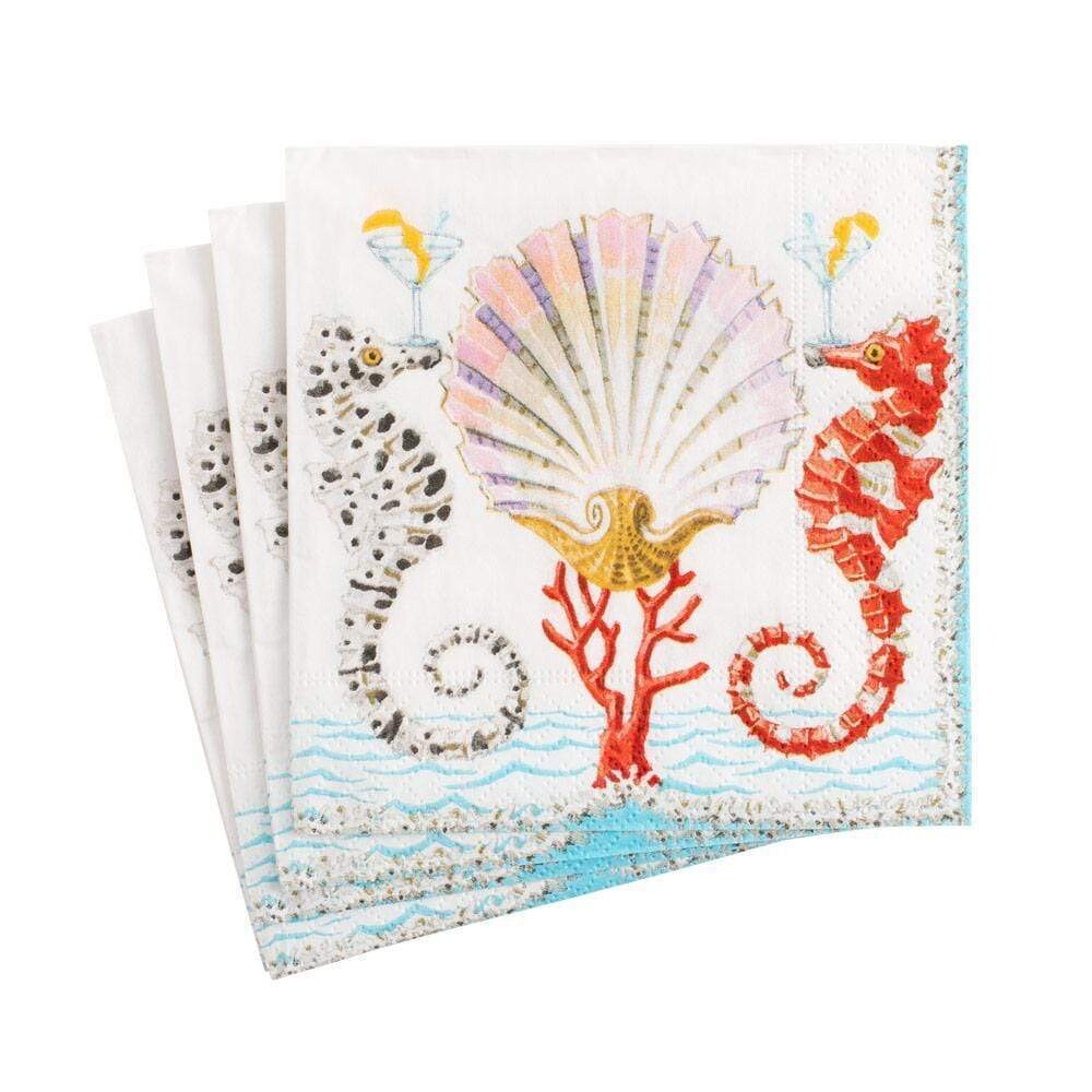 SERVIETTE COCKTAIL HIPPOCAMPE ET COQUILLAGE 25CM (x20)