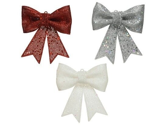 NOEUD DECO PAILLETTES BLANC, ARGENT OU ROUGE 11.5X13CM