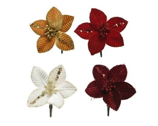 POINSETTIA SUR CLIP ROUGE, POURPRE, OR OU CREME 10CM