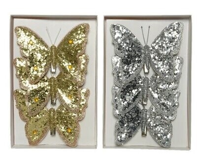PAPILLON SUR CLIP OR OU ARGENT 20x13CM (x3)
