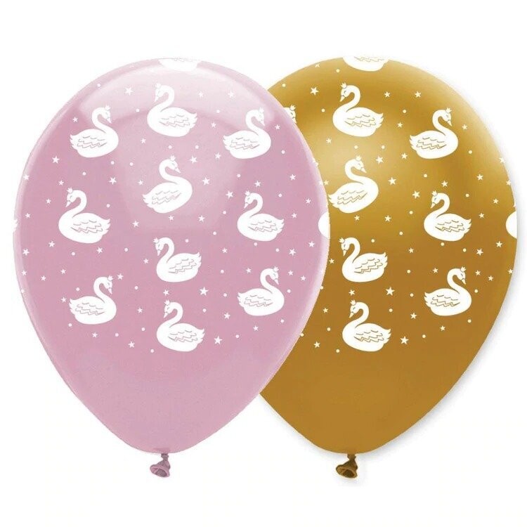 BALLON CYGNE ROSE, BLANC ET OR 30CM (x6)