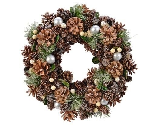 COURONNE DE POMMES DE PIN, VERDURE, BAIES ET PERLES NACRE 35CM