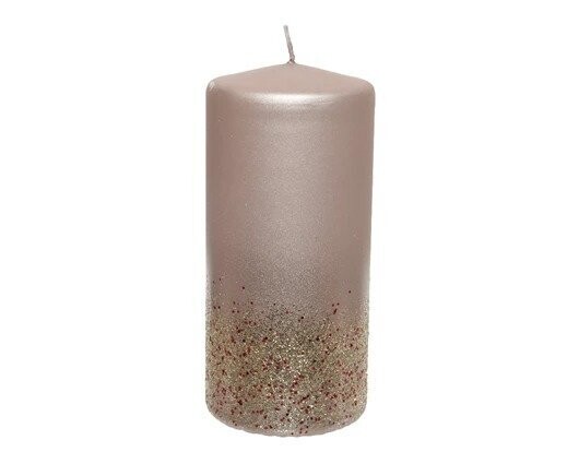 BOUGIE CYLINDRE ROSE PAILLETTES OR 7x15CM
