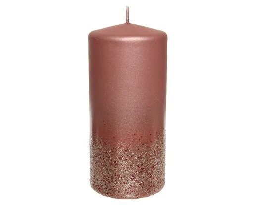 BOUGIE CYLINDRE ROSE PAILLETTES OR 7x15CM