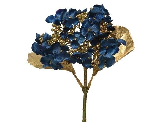 HORTENSIA SUR TIGE BLEU MARINE ET OR 67CM