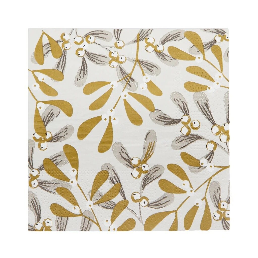 SERVIETTE FEUILLAGE ET BAIES BLANC ET OR 33CM (x20)