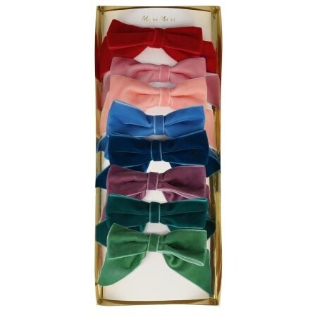 NOEUDS VELOURS COULEURS POP SUR PINCE A CHEVEUX (x8)