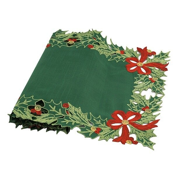 CHEMIN DE TABLE TISSU VERT ET ROUGE POINSETTIAS ET HOUX 40x150CM