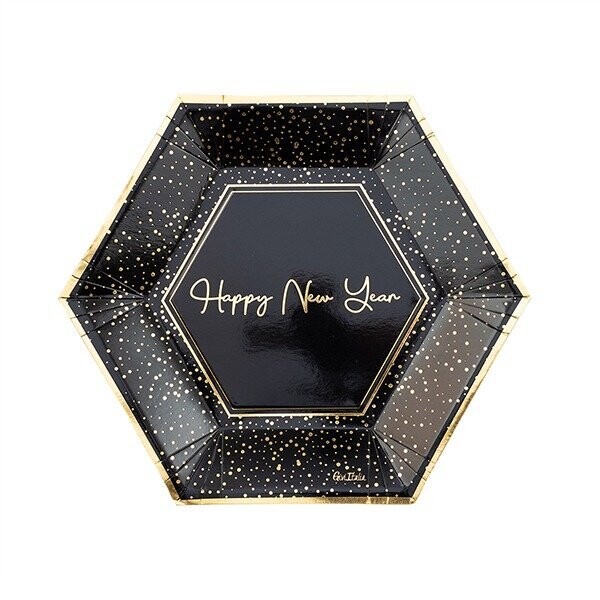 ASSIETTE HEXAGONALE HAPPY NEW YEAR NOIR ET OR 27CM (x8)