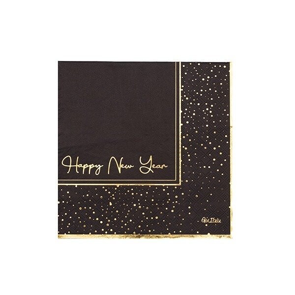 SERVIETTE HAPPY NEW YEAR NOIR ET OR 33CM (x16)
