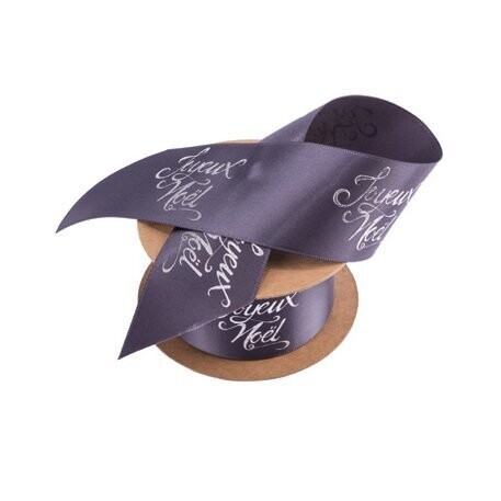 RUBAN JOYEUX NOEL SATIN GRIS ANTHRACITE FLOQUE ARGENT 38MMX10M