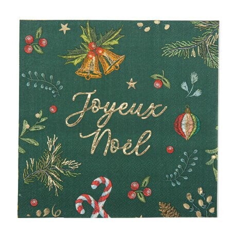 SERVIETTE JOYEUX NOEL VERT ANGLAIS ET OR 33CM (x16)