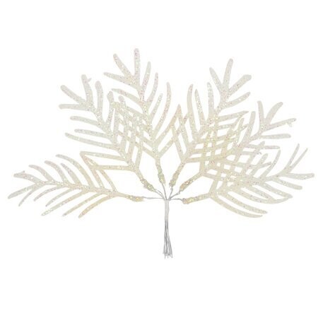 FEUILLE TROPICALE SUR TIGE PAILLETTES BLANCHES 19CM (x6)