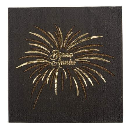 SERVIETTE NOIRE BONNE ANNEE ET FEU D'ARTIFICE OR 33CM (x16)