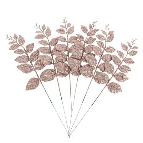 BRANCHE DE LAURIER PAILLETTES ROSE GOLD GIVREE 38CM (x6)