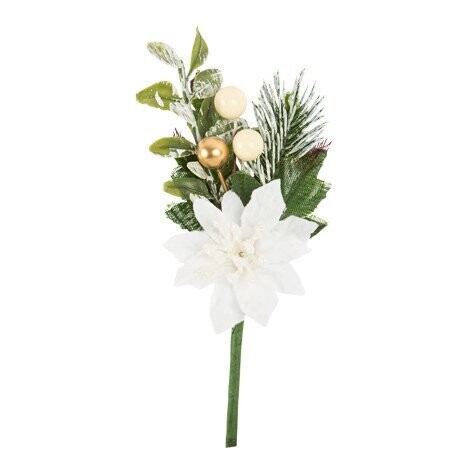BRANCHE SAPIN FEUILLAGE BAIES OR ET POINSETTIA BLANC 14CM