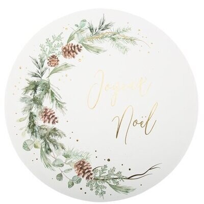 SET DE TABLE ROND BLANC JOYEUX NOEL OR ET BRANCHE DE SAPIN 35CM (x8)