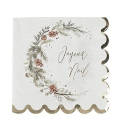 SERVIETTE BLANCHE "JOYEUX NOEL" OR ET GUIRLANDE DE SAPIN 33CM (x16)