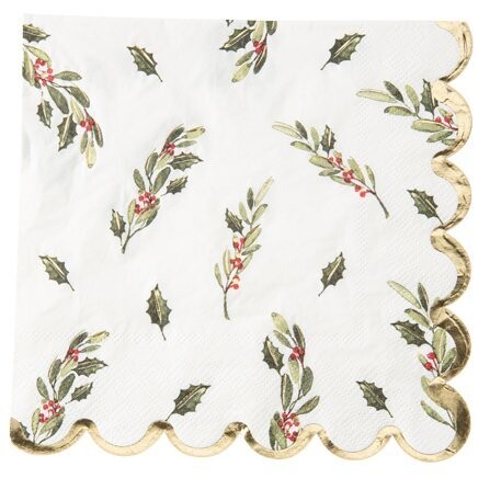 SERVIETTE BLANCHE BRANCHES DE HOUX VERTES LISERE OR 33CM (x16)