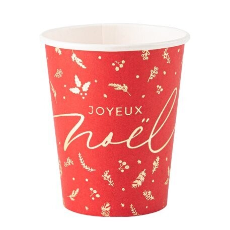 GOBELET ROUGE "JOYEUX NOEL" ET HOUX DORE 25.5CL (x8)